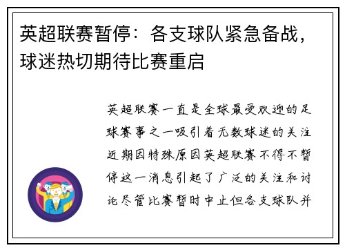 英超联赛暂停：各支球队紧急备战，球迷热切期待比赛重启
