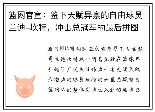 篮网官宣：签下天赋异禀的自由球员兰迪-坎特，冲击总冠军的最后拼图