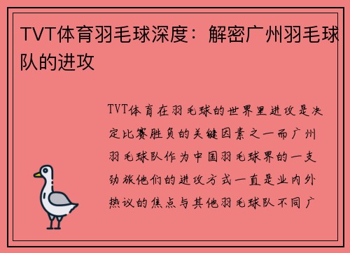 TVT体育羽毛球深度：解密广州羽毛球队的进攻