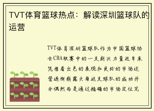 TVT体育篮球热点：解读深圳篮球队的运营