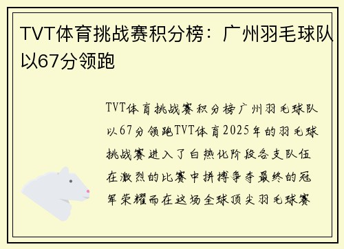 TVT体育挑战赛积分榜：广州羽毛球队以67分领跑
